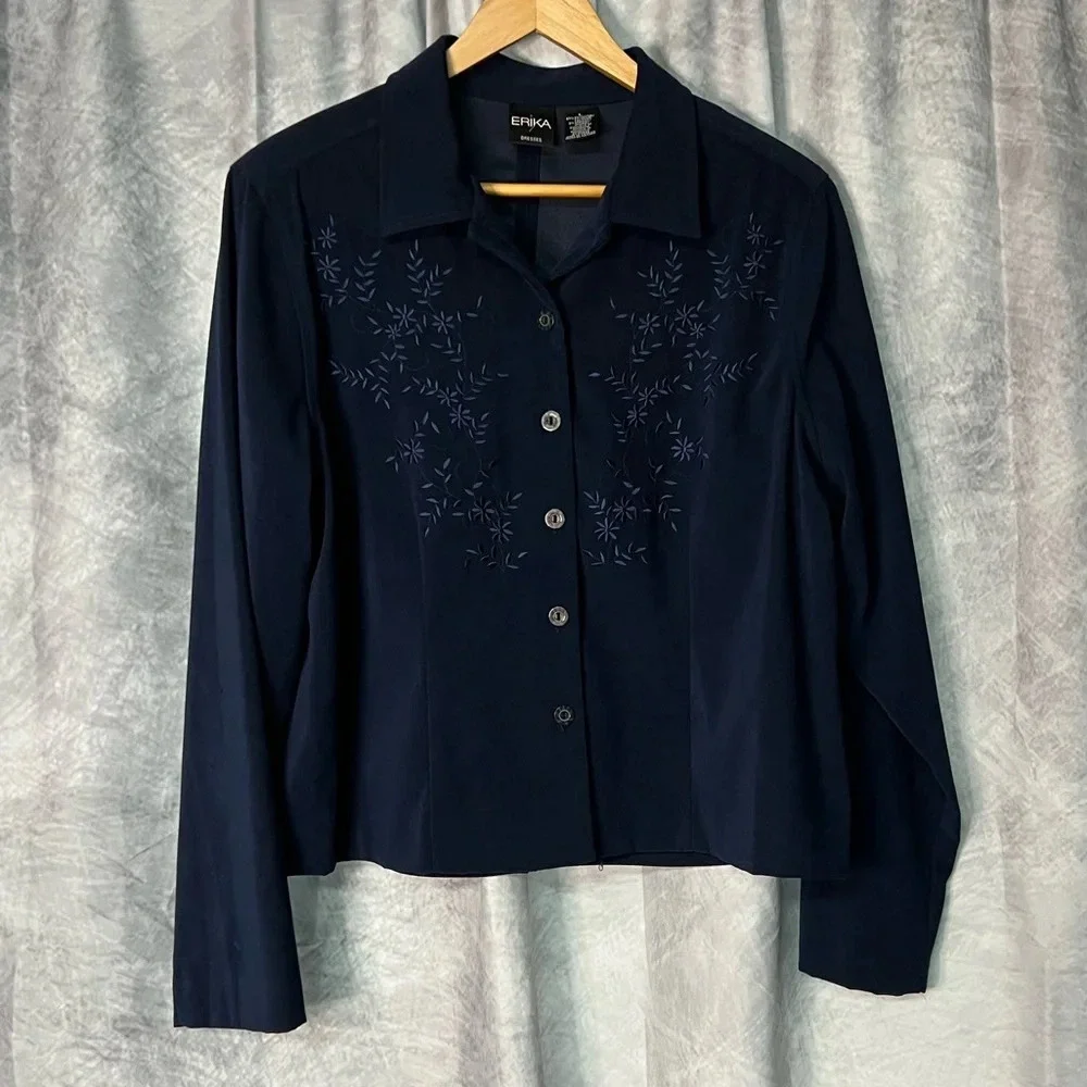 Erika Dresses Navy Open Slit Back Floral Embroidered Long Sleeve Jacket - Large
